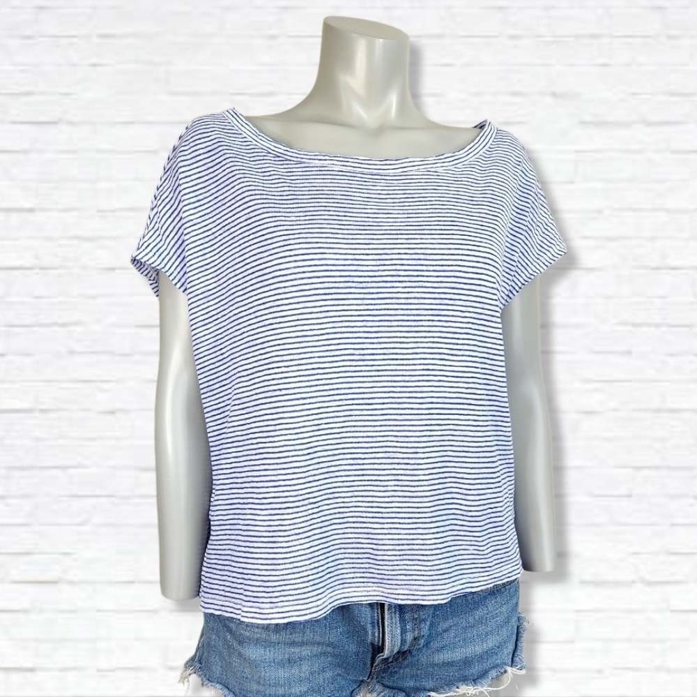 Tahari Blue Striped Linen Oversized Cropped Tee Shirt Size XL